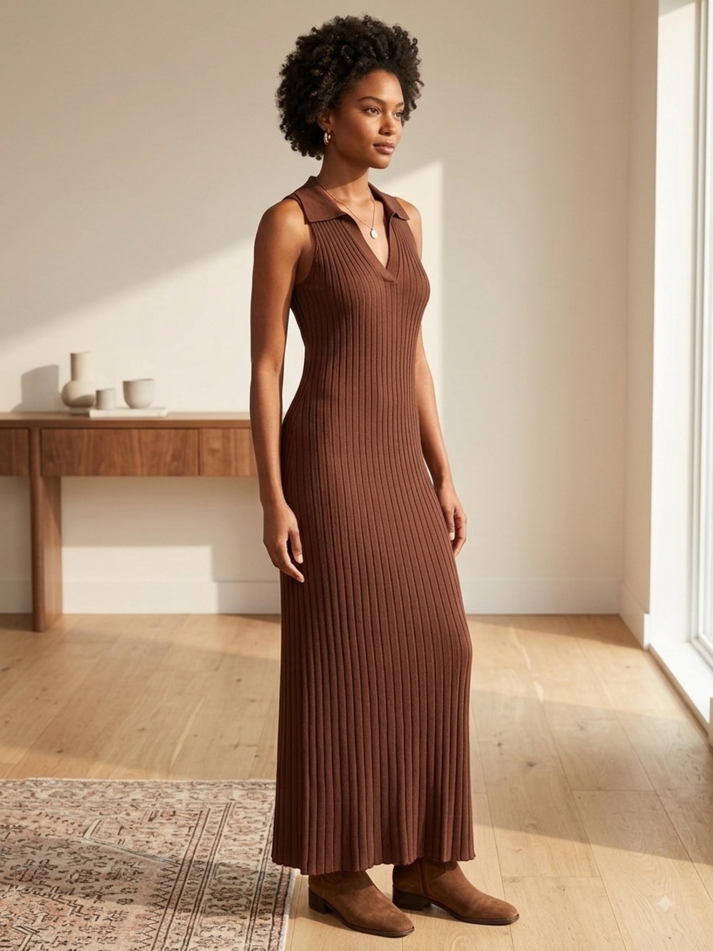 Sleeveless Rib-Knit Maxi Dress in Brown
